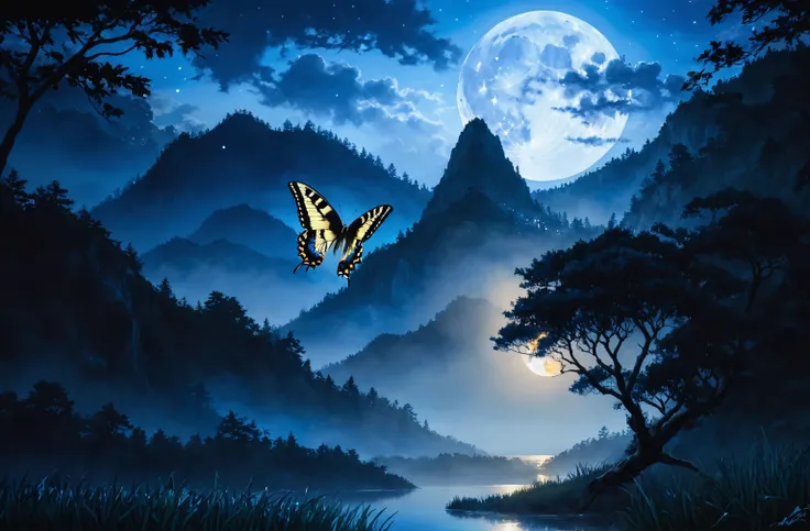 (masterpiece, Best Quality, Super detailed,, ), Swallowtail Butterfly, Black Swallowtail Butterfly, Lake ,(blue moon,雲:1.5),tree,grass,midnight 