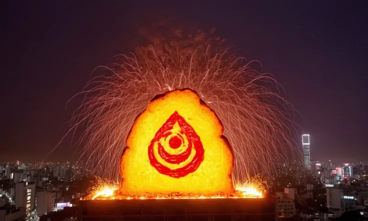 A kaiju sized slice of Wonder Bread (glowing evil eyes that shoot atomic lightning) is marauding in Tokyo, buildings aflame, puny police shoot at it, ad logo WONDER BREAD
