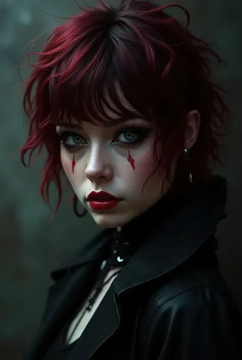 there is a woman with dark red short hair black and red tones, red and black tones, messy dark red hair, goth girl aesthetic, eyes, 18 - year - old goth girl, red dyed hair, thick fancy eyeliner with bangs