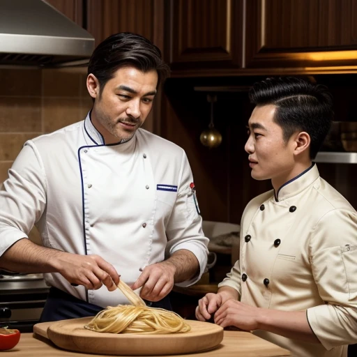 2men, a sexy italian male chef, teaching a chinese man how to make pasta, detailed facial features, detailed eyes, detailed lips, beautiful chefs uniform, professional kitchen, high quality, photorealistic, masterpiece, vivid colors, warm lighting, cinemat...