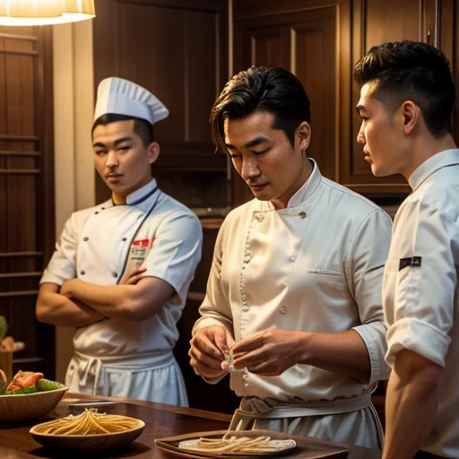 2men, a sexy italian male chef, teaching a chinese man how to make pasta, detailed facial features, detailed eyes, detailed lips, beautiful chefs uniform, professional kitchen, high quality, photorealistic, masterpiece, vivid colors, warm lighting, cinemat...