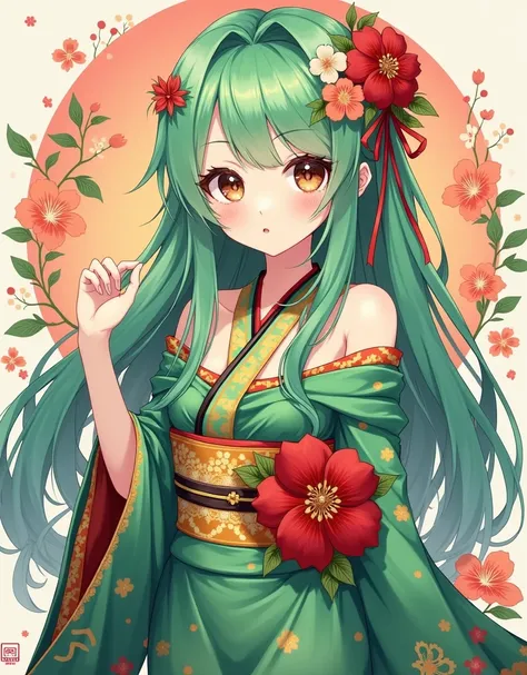 score_9, score_8_up, score_7_up, score_6_up, The image depicts a vibrant, highly detailed anime-style character with long green hair adorned with flowers and ribbons. The character is wearing a off shoulder traditional Japanese kimono with intricate patter...