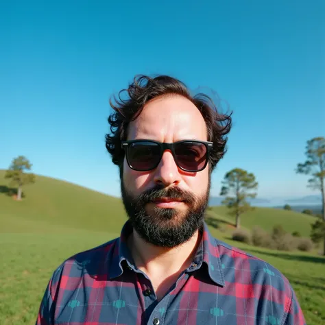  A 38-year-old man with a well-trimmed beard ,  wears a plaid shirt in shades of blue and red ,  while wearing dark sunglasses that slightly reflect the surrounding landscape . The frame is in the medium plane ,  capturing from the waist up ,  highlighting...