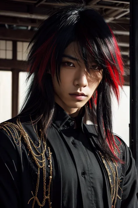 1 man, Japanese man, male, Asian eyes, muscular, broad shoulders, hairstyle Visual Kei style, hair Visual Kei, black men's shirt and black pants, ultra detailed face, hyperrealistic, realistic representation, long hair, long hair, 30 years old, age 30 years, blonde hair