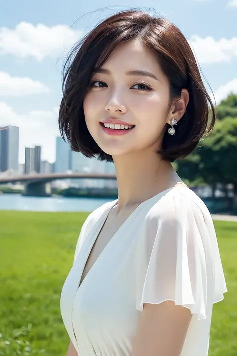   show me a woman who will surprise everyone.、Grace Kelly-like face、City park、Distant Building、 I can see the blue sky in the distance 、White clouds floating、Sheer Georgette navy dress 、A view from a little below、 short hair、 bob cut、sneakers、Laugh a littl...