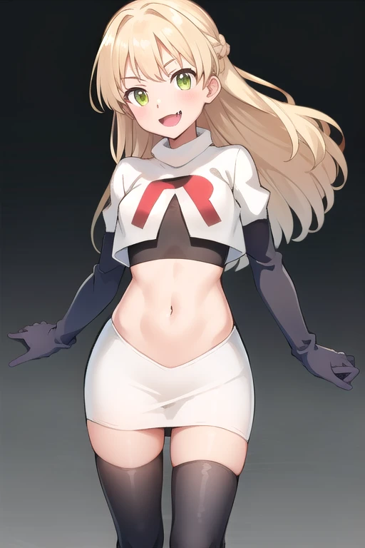 RikaJou, 1girl, solo, long hair, blonde hair, green eyes, small breasts, fang, smile, 8k, masterpiece, best quality, absurdres, perfect anatomy, cinematic lighting, cowboy shot,team rocket,team rocket uniform,white skirt,red letter R,crop top,black thigh-h...