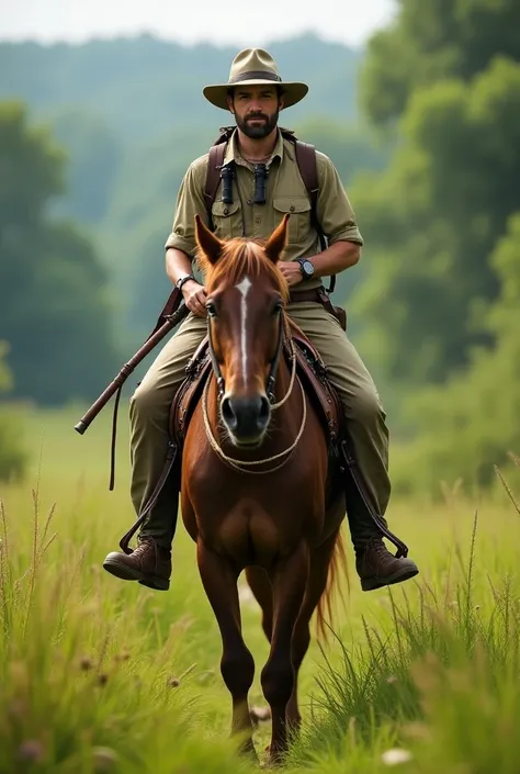 Male Safari Explorer Riding a Saddle and Rope Horse Bringing Nature Grass with Forests.