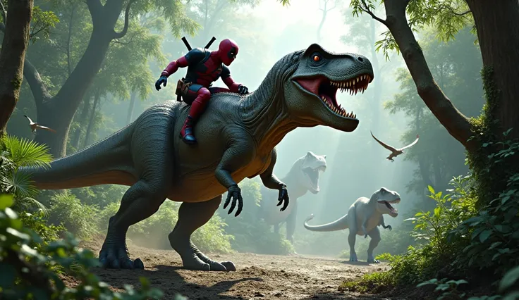 The lush jungle setting is filled with massive dinosaurs. A T-Rex roars in the background while pterodactyls fly overhead. The environment should feel alive and prehistoric.

Deadpool’s Actions: Deadpool approaches a T-Rex, jumps on its back, and struggles...