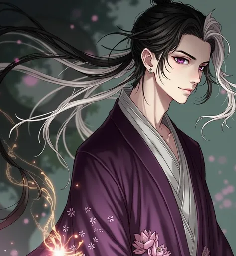 man,  black hair , a lock of hair white , purple eyes ,  eyes the color of the evening sky ,  purple hanfu with embroidered lotuses.