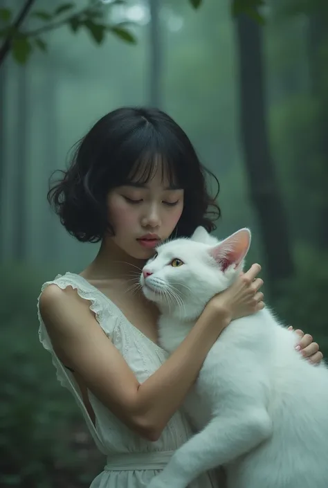 Imagine 😀, 35mm film photography, a pretty young woman hug a giant white cat, with a giant cat, pretty short wavy hair, sensual body, adopting the eating style of a cat, in a misty forest, indonesian, middle top angle shot, muted colours, detail, 8k, cinem...