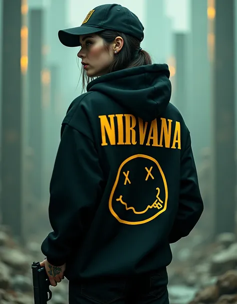 woman with black hoodie and written Nirvana and Nirvana logo on the back of his Dress , 4k, tattoo on arm, cap baseball, gun, background abstract