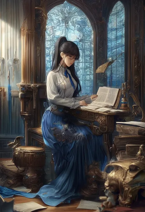 Masterpiece, Top Quality, High Resolution, Very Detailed, Detailed Background,(Fraulem Chrome, (Black Hair, Semi-Long Hair, Blue Ribbon in Ponytail),(White Blouse, Blue Short Ribbon Tie, Blue Long Skirt), Small, Neat, Black Eyes,Studying, Gentle Smile), Sc...