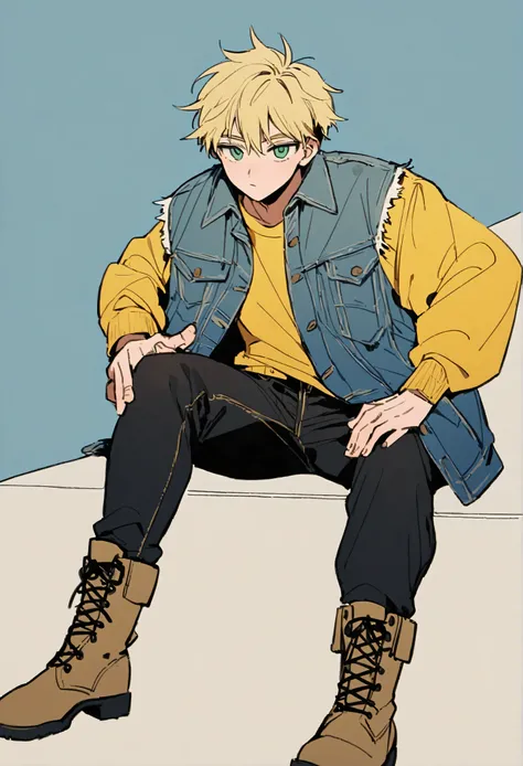 The blond boy with green eyes , defined physical size. Hes wearing a ripped dark blue denim jacket with a yellow shirt, black jeans and Timberland boots .