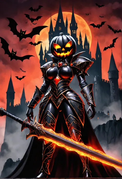   woman with a pumpkin head  , Strange Glowing Eyes,   Halloween warrior using a huge flaming sword  , black knight armor,   dark themed costume  , dark fantasy tone  , 8k, vivid render ,  flashy cosplay , highly detailed fantasy character, black goddess, ...