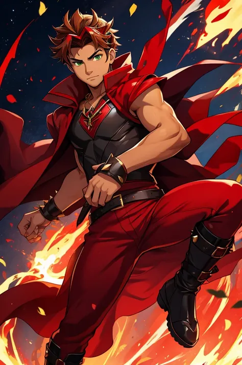 an 18-year-old male teenager, slightly tanned skin, light brown spiky hair, green eyes, with a red tiara on his head in the style of the scarlet witchs tiara, with a red sleeveless shirt with black details, with a red overcoat, red pants with black details...