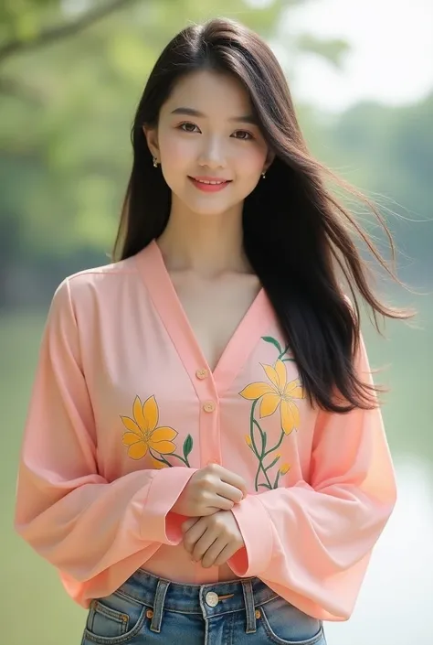 Beautiful Chinese girl, straight black hair blowing in the wind, wearing a pink shirt with yellow floral motifs, stylish jeans, hands folded on her chest while smiling face at the camera visual uhd