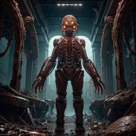 Giant biological robot, visceral robot, grotesque and horrifying, robot made of viscera, hands, blood vessels, muscles, tentacles, bones, skin, eyes and biological material, replaces the metal of the robot with biological material, dystopian environment, b...