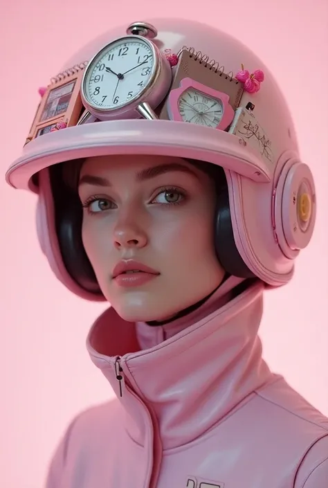 Woman with a futuristic helmet. Frontal face, 90s objects growing in the helmet like clocks, vhs, candys, notebooks, Stanpunk inspired. Palid pink color, surrealist inspired. 