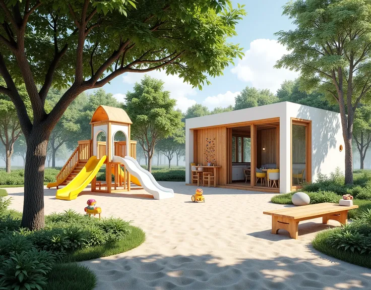 "Create a serene park setting featuring a large rens playground with vibrant play structures. Central to the design have 2 big and tall white slide, surrounded by a s playhouse and s climbing wall with a lot of sand playing toys for . A shaded sandpit rest...