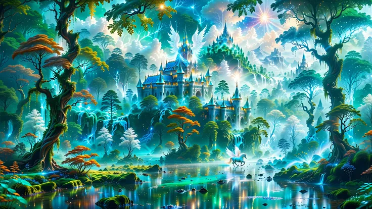 A Masterpiece In 32K Resolution, Supreme Quality, Super Detail, Official Art, Very High-Resolution 32K Wallpaper, Beautiful And Aesthetic, Ultra-Detailed Features, Awe-Inspiring Detail. Massive Trees Tower Over A Misty Enchanted Forest, Their Roots Tangled...