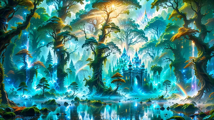 A Masterpiece In 32K Resolution, Supreme Quality, Super Detail, Official Art, Very High-Resolution 32K Wallpaper, Beautiful And Aesthetic, Ultra-Detailed Features, Awe-Inspiring Detail. Massive Trees Tower Over A Misty Enchanted Forest, Their Roots Tangled...