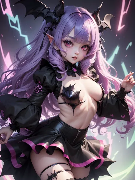 cutel little Succubus、Rainbow hair、Puff sleeves、Fluffy skirt、Anatomically correct, Anatomically correct, Bob Hair, The fangs are sharp, Bright Eyes, , Bat Wings、Bat Ears, The fangs are sharp, Eyes are symbols, Blushing, Rainbow