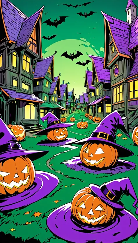 psychedelic rough sketch drawing art, A large purple Halloween witchs hat, a jack-o-lantern hidden but partially visible inside the hat, a deep green ground, and a row of mysterious houses, various Halloween effects, contrasts of light and shadow, BREAK ul...