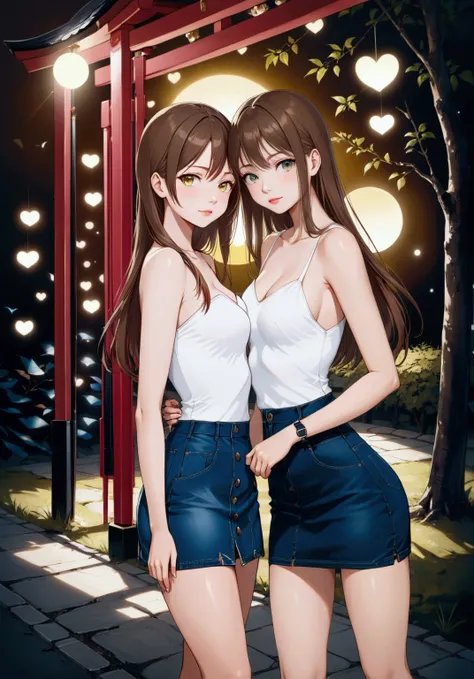 pretty young girls, hanging out at night party togethers, they are in brown hair, wear strapless pencil dress, denim pencil mini skirt, BREAK, ((masterpiece:1.2), (best quality:1.2), (very aesthetic:1.2), (absurdres:1.2), (detailed background),intricate de...