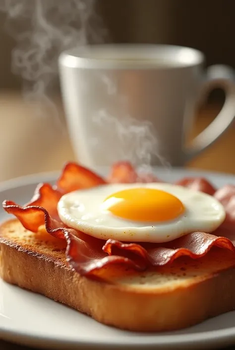 Delicious bread, A piece of toasted bread on a white plate, steam rising from it, three slices of crispy bacon on the toast, a soft-boiled fried egg on bacon, the yolk of the fried egg is slightly runny, a mug of coffee is in the background