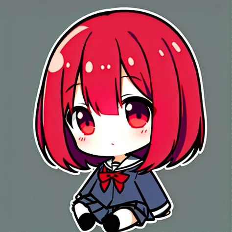 Alone,beautiful girl,(Chibi:1.2),Bob with red hair,Red eyes,School Uniform,whole body,sleep, Attention to Details,high quality, High Resolution ,White plain background,Raise your hand