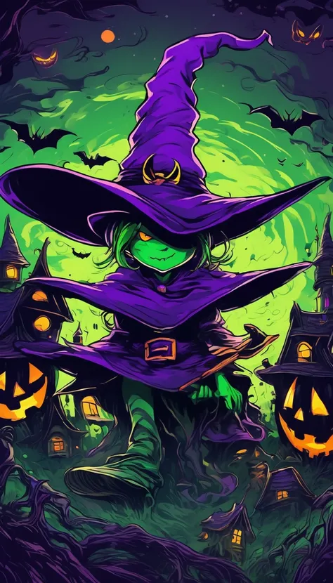 psychedelic rough sketch drawing art, A large purple Halloween witchs hat, a jack-o-lantern hidden but partially visible inside the hat, a deep green ground, and a row of mysterious houses, various Halloween effects, contrasts of light and shadow, BREAK ul...