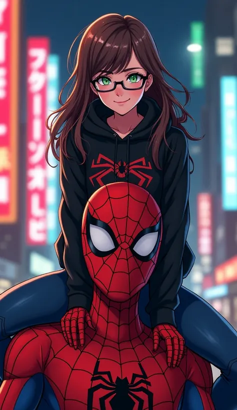 A realistic photoshot 8k. A stylized comic book featuring two characters. A young woman with long brown hair, green eyes, and wearing glasses is sitting on the shoulders of a figure dressed as Spider-Man. She has a camera in her hand, appearing to be takin...