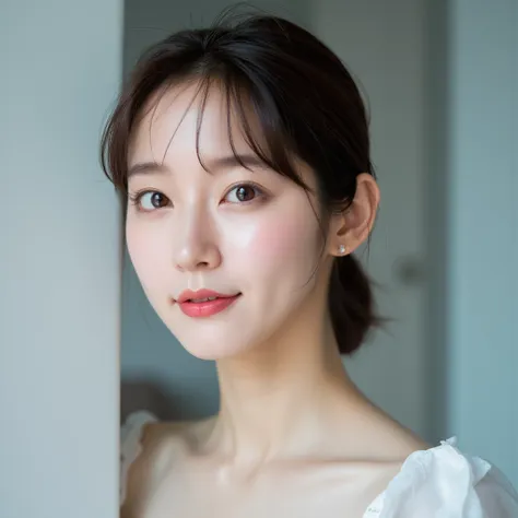 a photo of a korean beautiful woman's face viewed from the right front angle, looking directly at the camera.