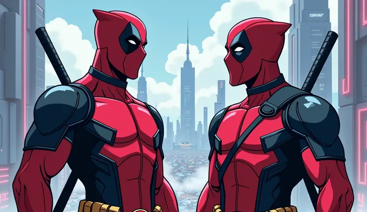 Deadpool meets a future version of himself, complete with high-tech armor and advanced weapons. The two Deadpools team up to fight off a horde of enemies, exchanging witty banter the entire time.

Animation Prompt:

Visuals: The two Deadpools stand on a ro...