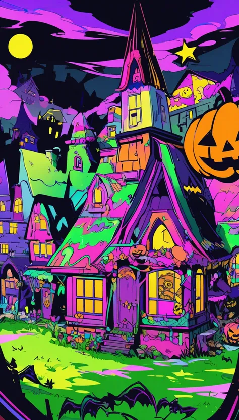 psychedelic rough sketch drawing art, A large purple Halloween witchs hat, a jack-o-lantern hidden but partially visible inside the hat, a deep green ground, and a row of mysterious houses, various Halloween effects, contrasts of light and shadow, BREAK ul...