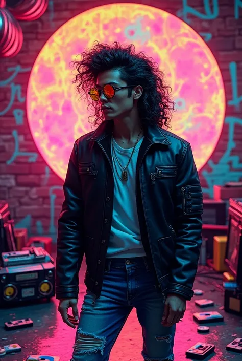  Create a scene set in the 90s , } with a vibrant and stylized touch typical of the time .  The main focus is a man with a curly mullet haircut ,  with very short hair on the sides and in the front ,  while the back is long and disheveled ,  flowing with m...