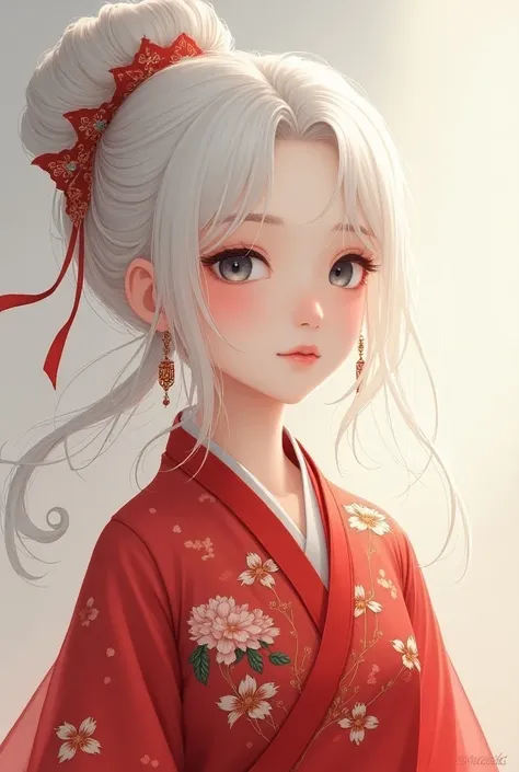 A girl with white hair and Chinese anime style she is wearing a Chinese traditional red clothes and Chinese culture accessories 