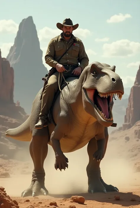 A Cowboy Captain Sheriff Completely Dressed Brown With His Arms Covered In A Cowboy Uniform Riding A Giant Tyrannosaurus Rex With Its Mouth Closed On Its Legs And Big Feet With Its Large Brown Frame Holding A String In The Desert, mountain.