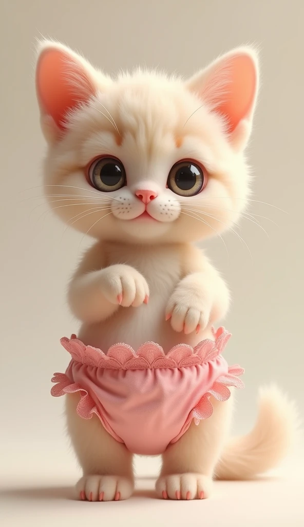 Kitten standing on two legs,Please let me wear pink diapers with frilly lace、Im looking straight over here