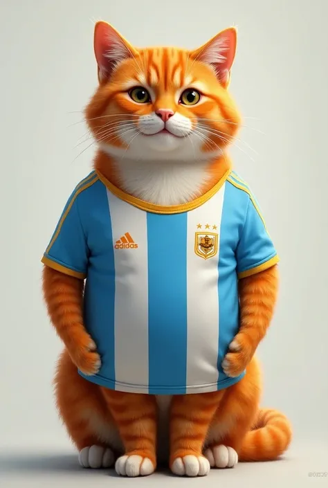 adult orange cat with Adidas Argentina soccer team t-shirt