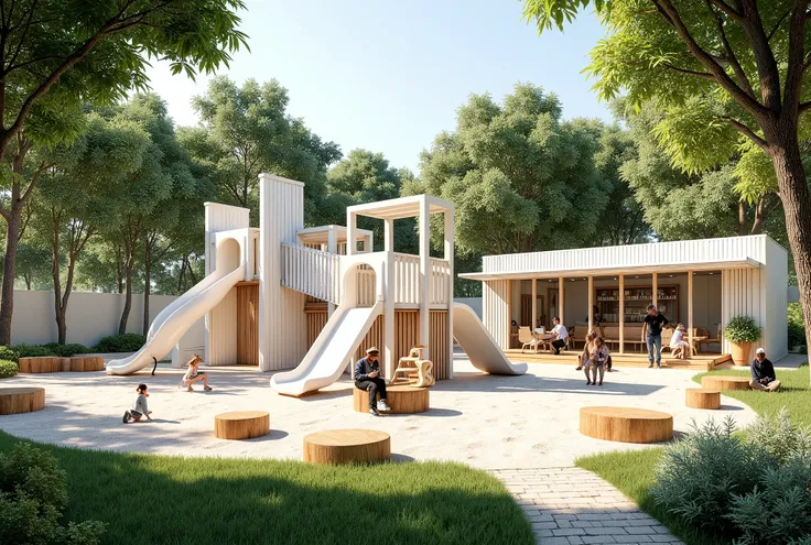 "Design a serene park with a large rens playground featuring vibrant play structures. The centerpiece is a big, tall white slide, accompanied by a s playhouse and a climbing wall. A shaded sandpit lies under a large tree, providing ample open space for fre...