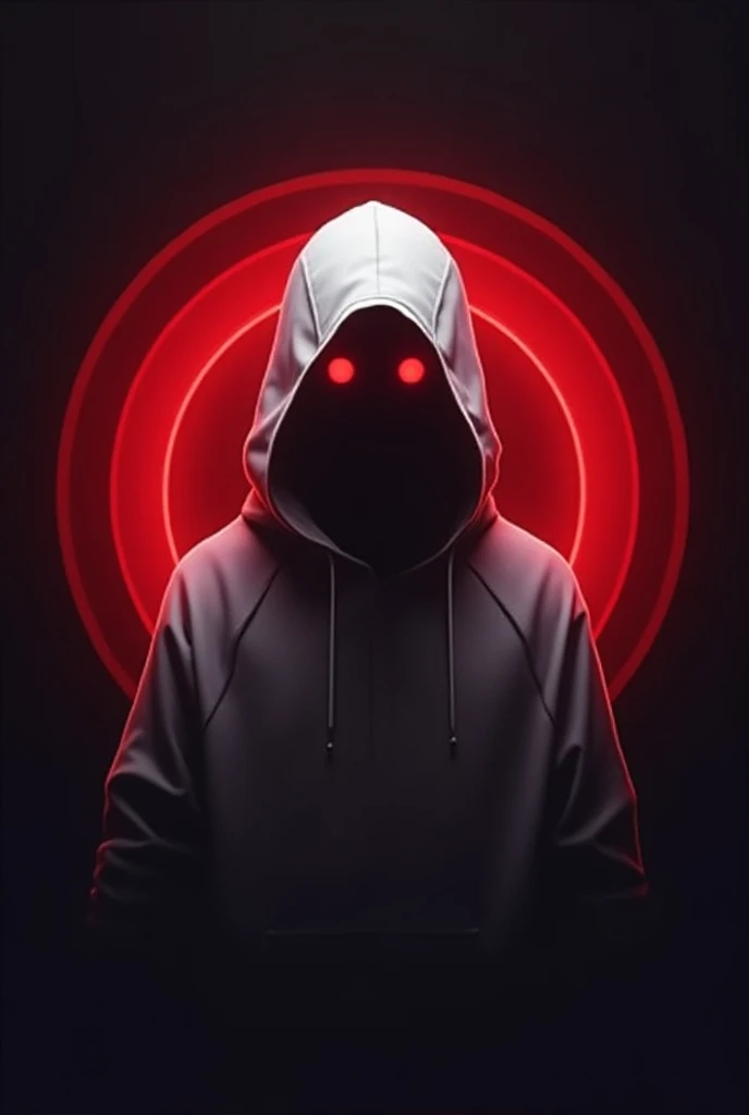 Light white hooded body logo with red eyes on a hooded double circle design with deep red shadow design combined with 3D faceless neon