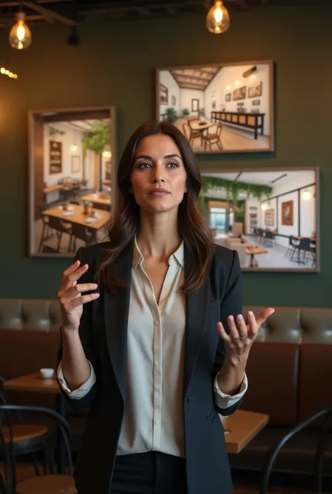 A woman who sitting is speaking to explain something, with three graphics behind her showing three different locations at cafe