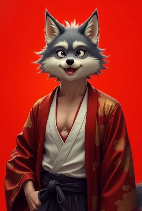 Fluffy,Kimono, human,
man,
Breast portrait,
wolf,wolf ears,wolf tail,
Gray fur,Black eyes,
Ear button,Drooping ears,
 looking at the audience ,Open mouth, smile,
 collarbone,
Techware,Red jacket,Open the jacket,White shirt,
 hand in pocket,
Red background,