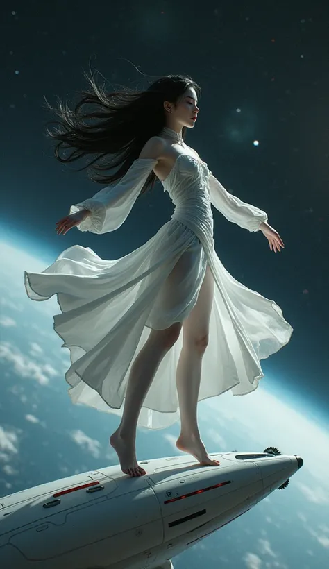 Full body low angle shot of a so beautiful sexy Japanese woman with long black hair, sharp face, white gothic dress, pinkish white skin, dancing on the edge of a spaceship. She is really seductive. The background is a vast universe.