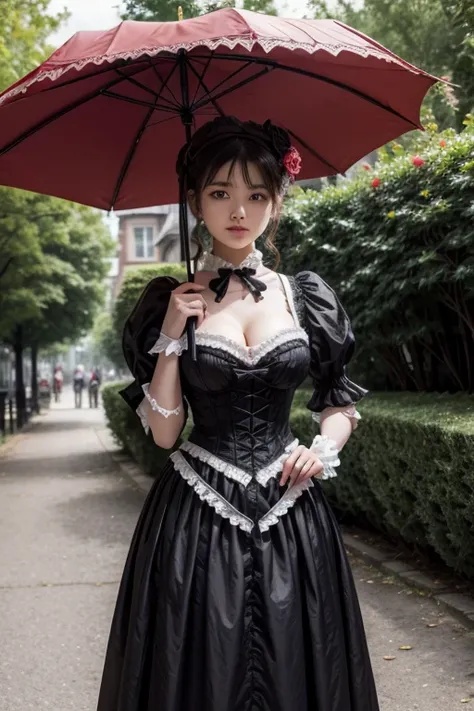 sagging breasts,big ass,Beauty, Cover your chest with your hands,Cover your chest with your hands,Lift your chest with your hands,Cross your arms and place your chest on your arms, A woman dressed in elegant gothic lolita fashion, holding a parasol. Her ou...