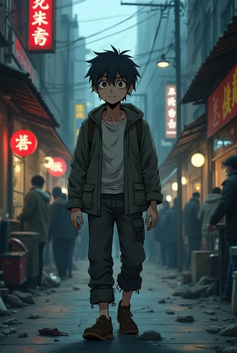 A  poor man with dirty clothes and dark eye circle walking in street anime version
