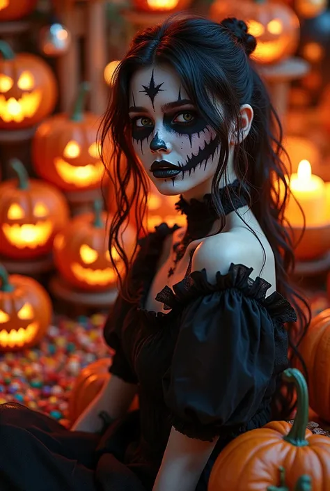 1 girl, a female model wearing scary halloween makeup, halloween character dress up, decorate, atmosphere, halloween lanterns, c...