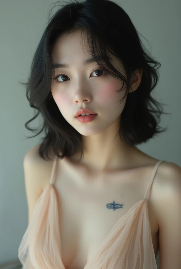  butterfly cut, white skin,dark blue eyes, adult hug , charming, one-point tattoo,Tall,Korean, transcendent beautiful girl ,Leading role is female , male supporting role , unusual colored dress ,The shoulders are exposed,Vietnamese idol beautiful girl,Kore...