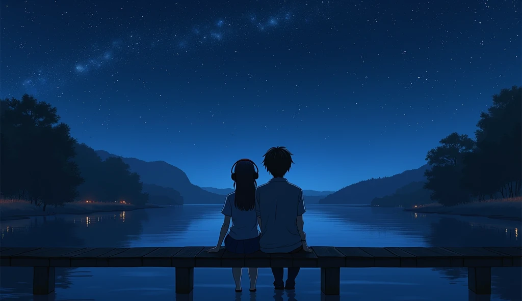  couple sitting on a bridge ， legs hanging in the water ， are adults ， woman sitting on a mans lap，Wearing headphones， watching the stars in the dark ，View from behind。 Generate image, Anime style, were inspired by the song "" IU and Suga 。  Close up of th...